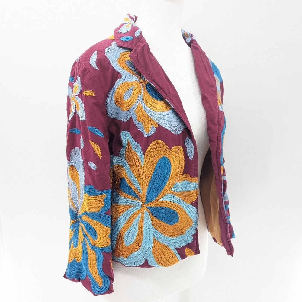 Anthropologie Boho Floral Berry Embroidered Woodstock Blazer Size Medium